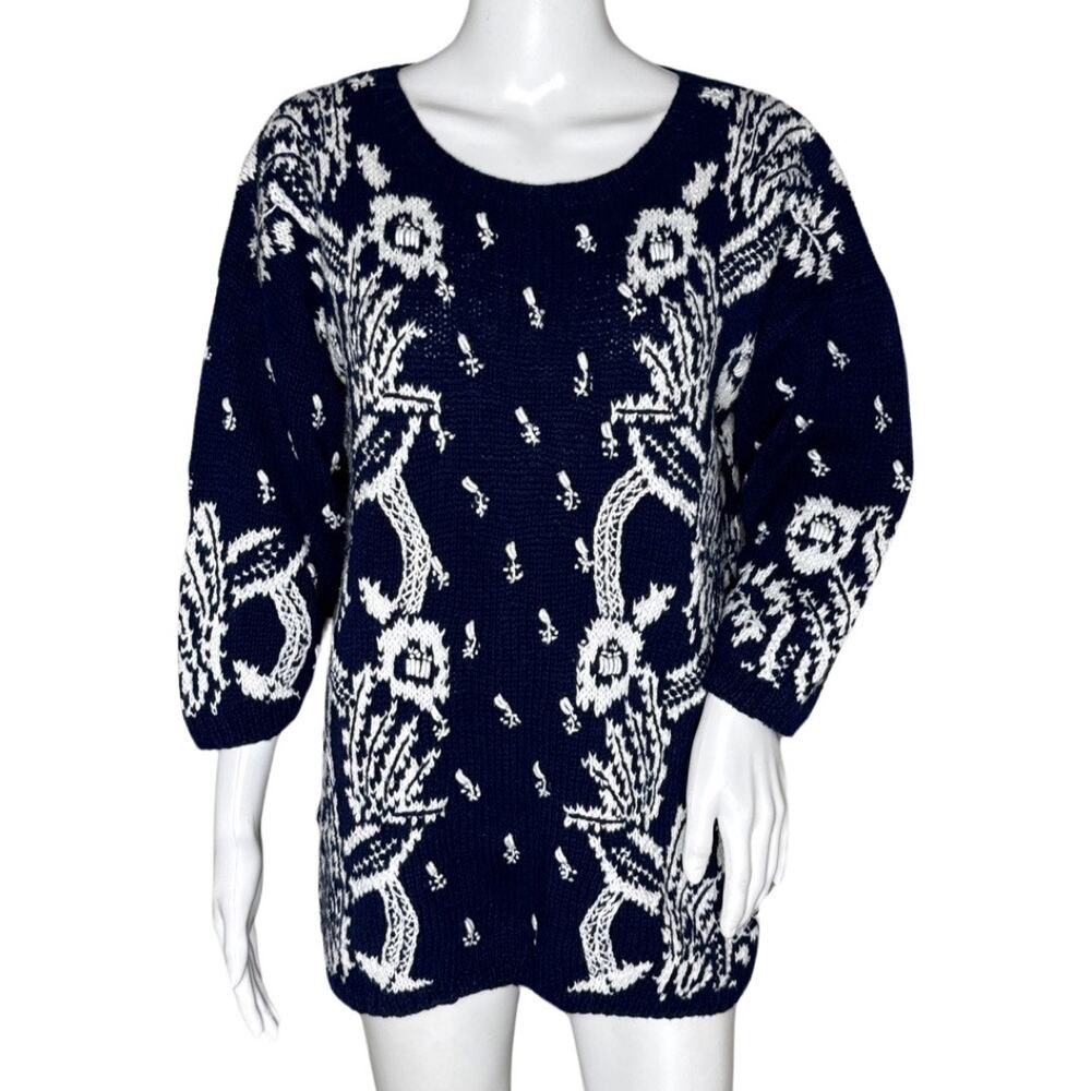 Jennifer Reed Sweater Womens Small‎ Navy Blue White Floral Knitted by Hand Boho